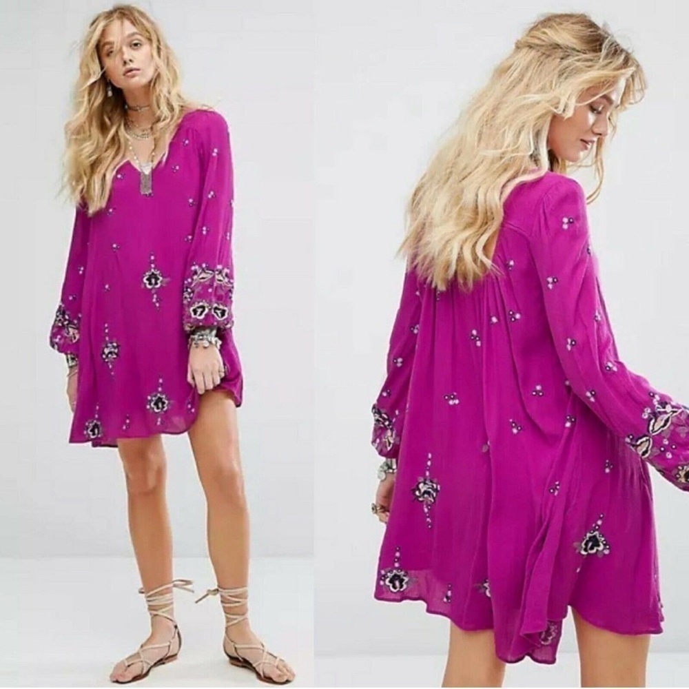 Free People Magenta Embellished Mini Dress